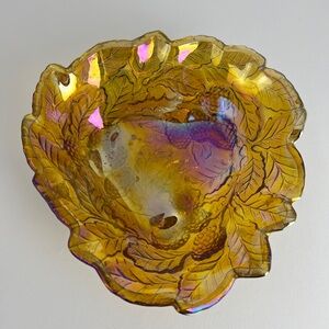 Vtg 70s Amber Carnival Indiana Glass Blackberry Leaves Candy Trinket Dish Bowl